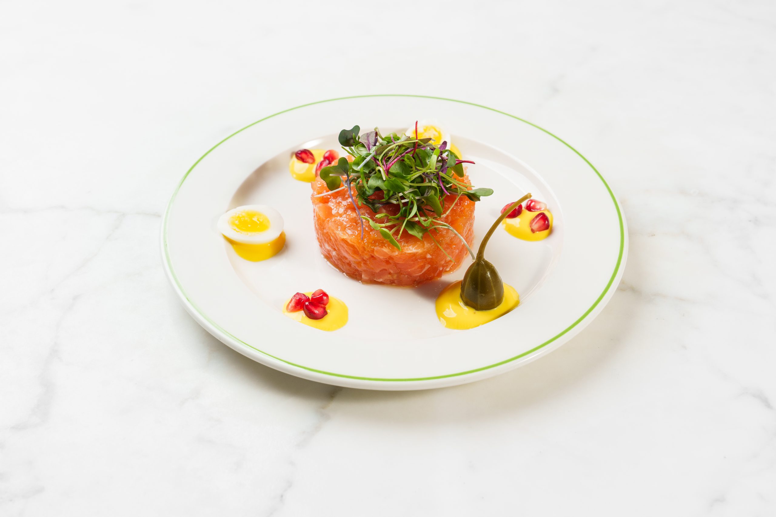 New Zealand Salmon Tartare, Yogurt Dressing & Quail Eggs