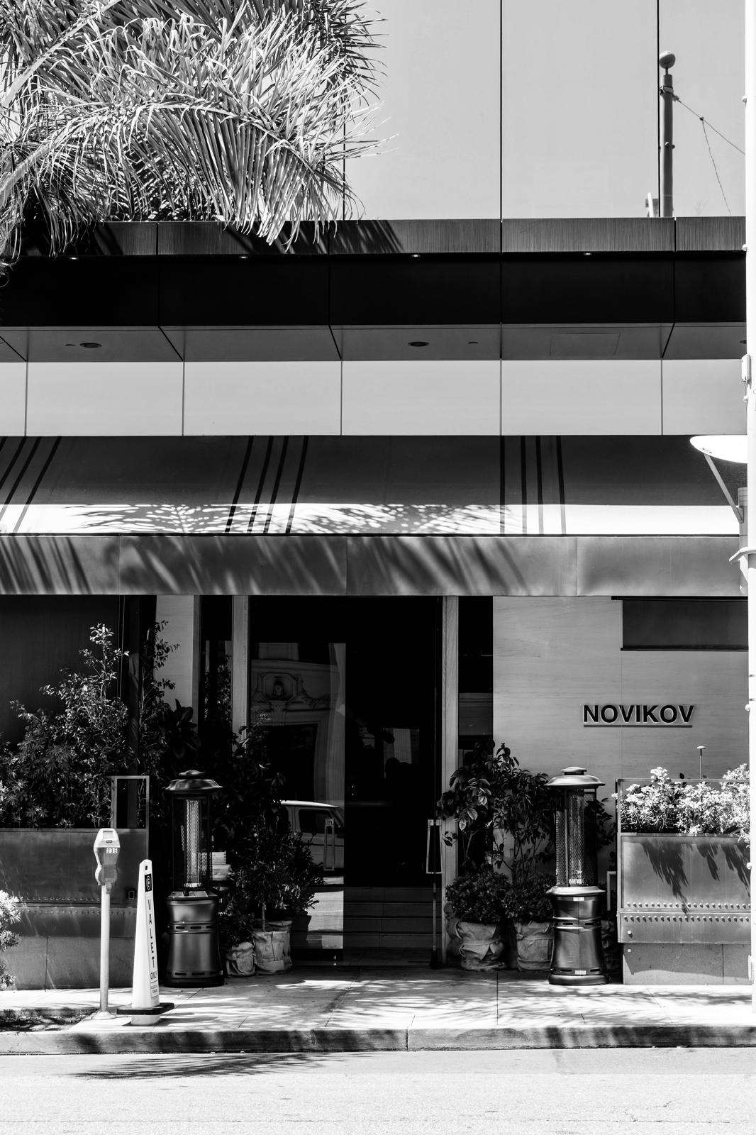 Novikov Beverly Hills entrance on Canon Drive, black and white photo